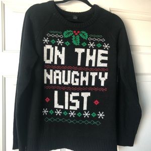 “On the Naughty List” ugly sweater